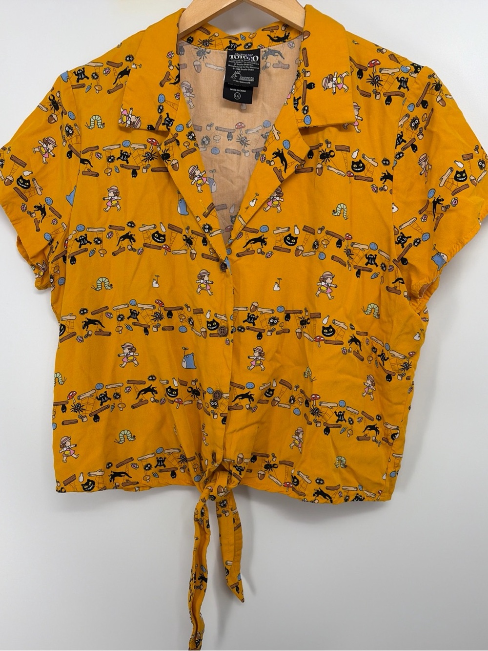 My Neighbor Totoro Yellow Printed Button-Up Top Tie Front Anime Large